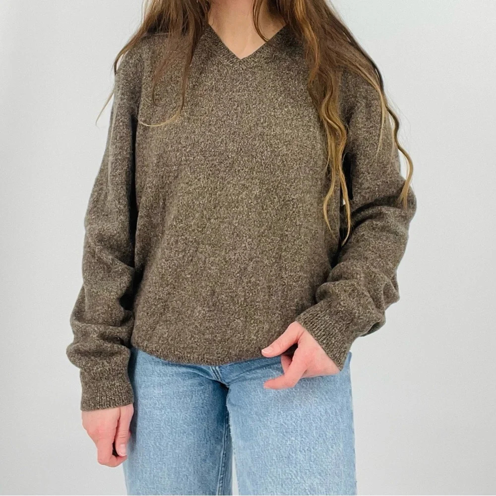 vintage cottagecore 100% wool dusty brown slouchy knit pullover sweater v-neck L
